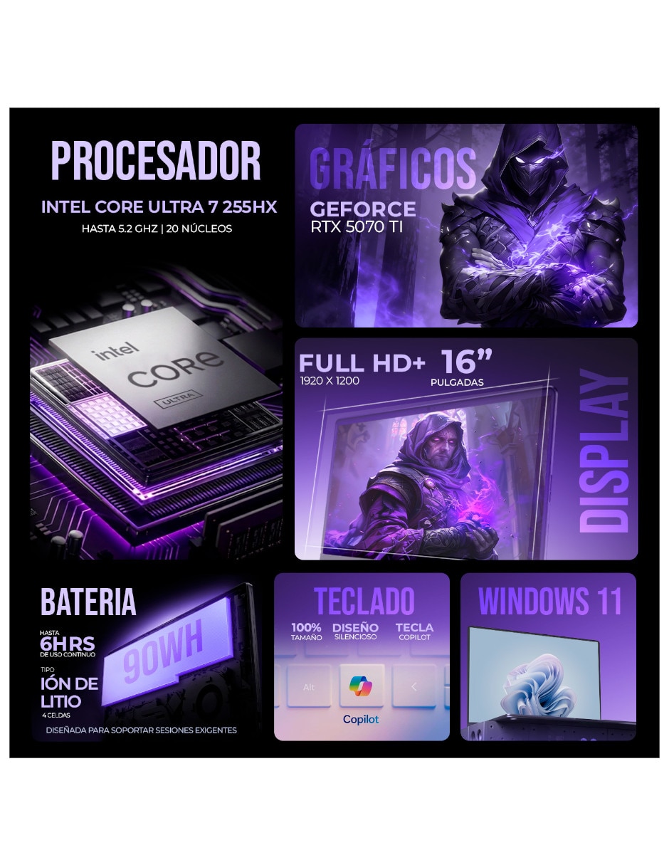 Laptop gamer No VECTOR16HXA2275 16 pulgadas Full HD+ Intel core ultra 7 NVIDIA GeForce RTX 5070 Ti 16 GB RAM No aplica 1 TB 7