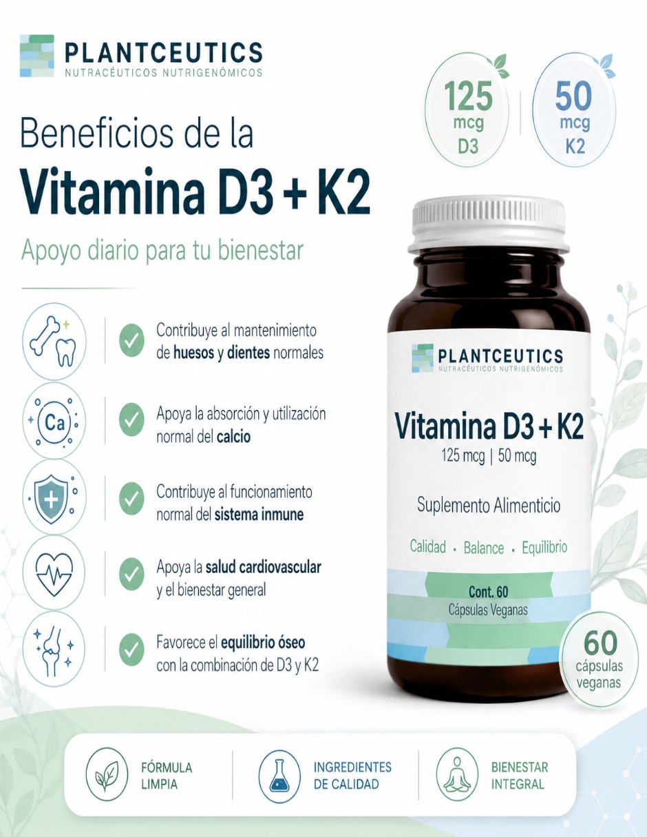 Vitamina D3 y K2 Alta Pureza con vitamina D3 y K2 de 60 cápsulas 2