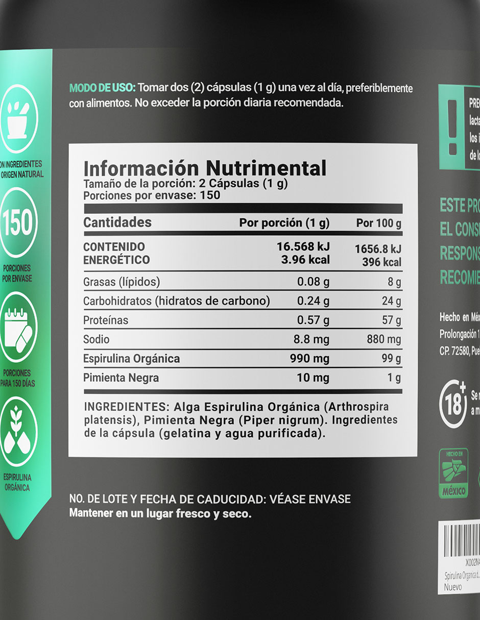 Organic spirulina con espirulina orgánica adicionada con pimienta negra de 300 cápsulas 2