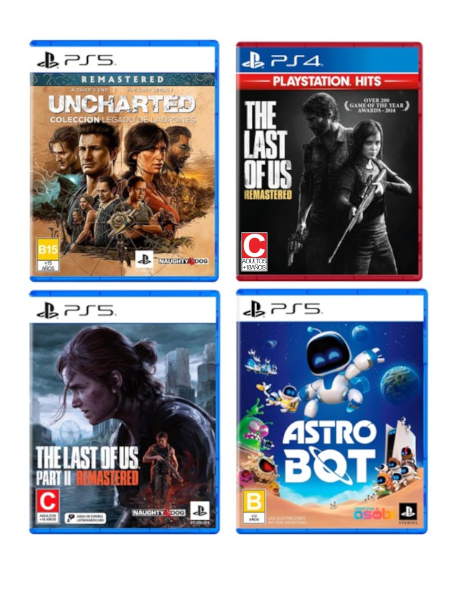 Uncharted Legacy Of Thieves + TLOU Parte I + TTLOU Parte II Remastered + Astro Bot bundle para PS5 Uncharted Legacy Of Thieves + TLOU Parte I + TTLOU Parte II Remastered + Astro Bot bundle para PS5