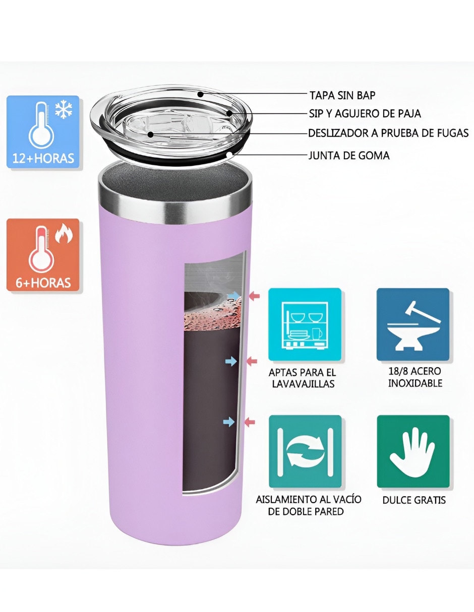 Vaso con tapa y popote de acero inoxidable con 3