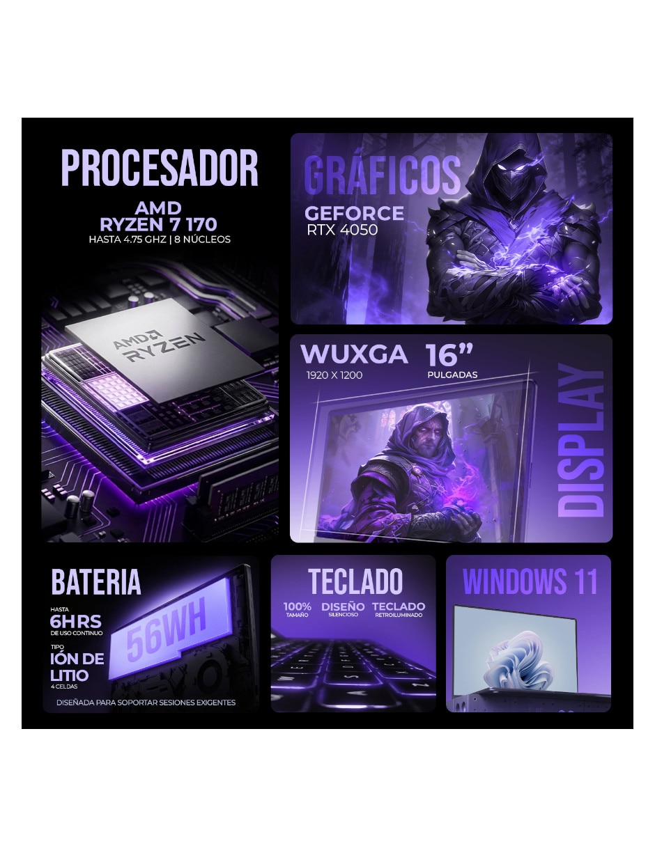 Laptop gamer No 16 pulgadas WUXGA AMD Ryzen 7 NVIDIA GeForce RTX 4050 32 GB RAM No aplica 512 GB 7