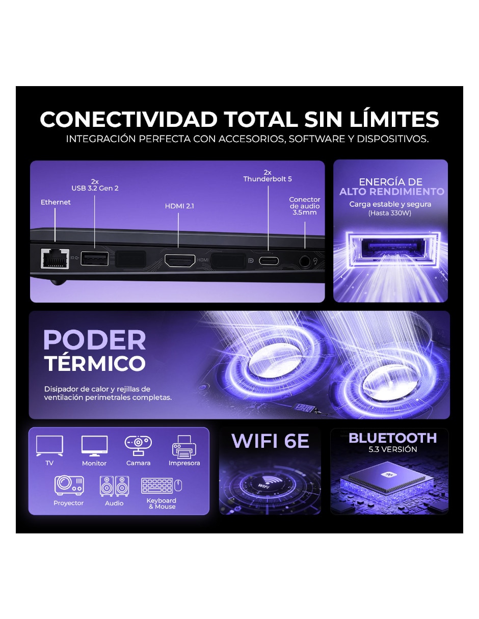 Laptop gamer No 16 pulgadas Full HD+ Intel core ultra 7 NVIDIA GeForce RTX 5070 Ti 64 GB RAM No aplica 1 TB 3