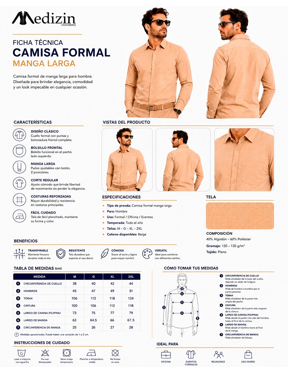 Camisa Business casual MEDIZIN UNIFORMES de (si aplica) Poliéster y viscosa manga Larga para hombre