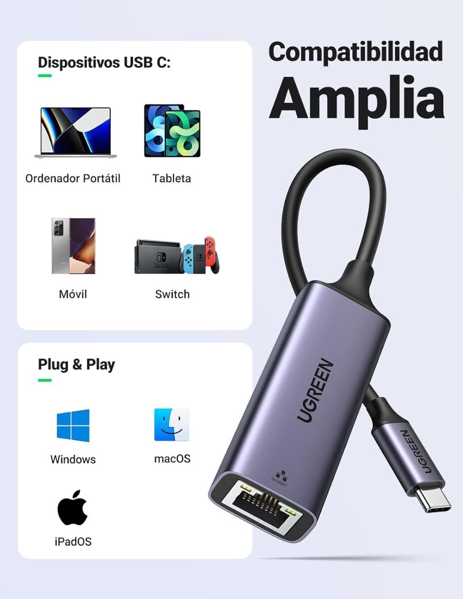 Cable C USB C a tipo Ethernet de 90 cm 4