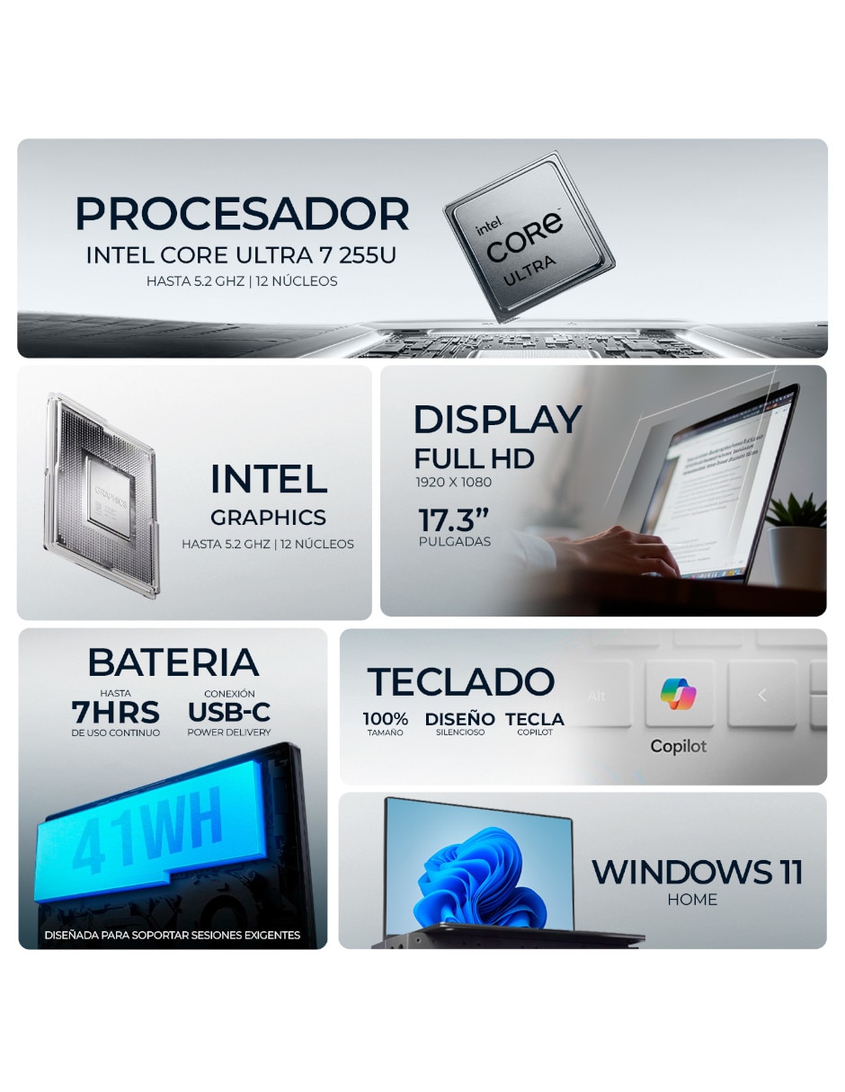 Laptop 17-DG0107DX 17.3 pulgadas Full HD Intel core ultra 7 Integradas 16 GB RAM 512 GB 7