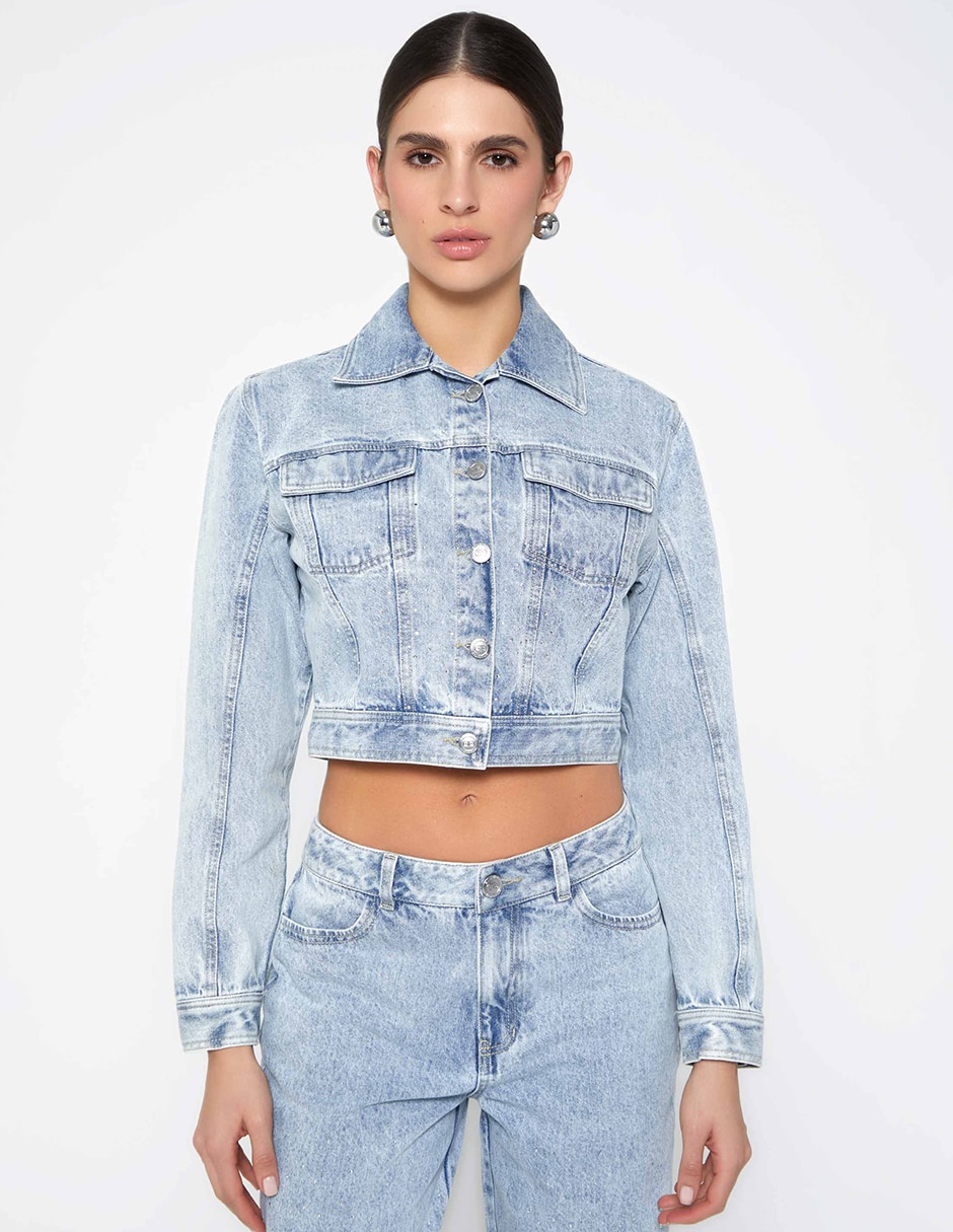 Chamarra denim denim hotfix de mezclilla para mujer Chamarra denim denim hotfix de mezclilla para mujer