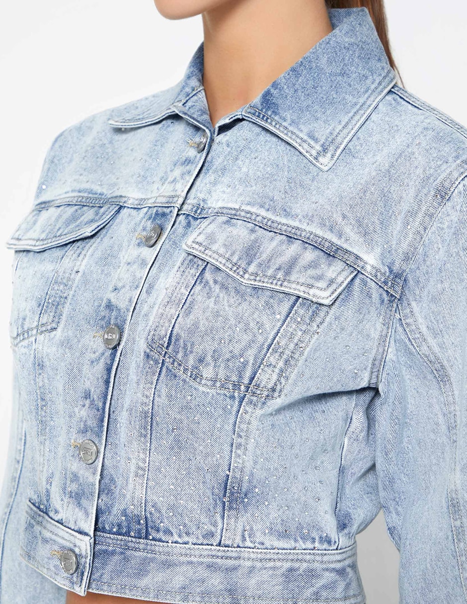 Chamarra denim denim hotfix de mezclilla para mujer 2