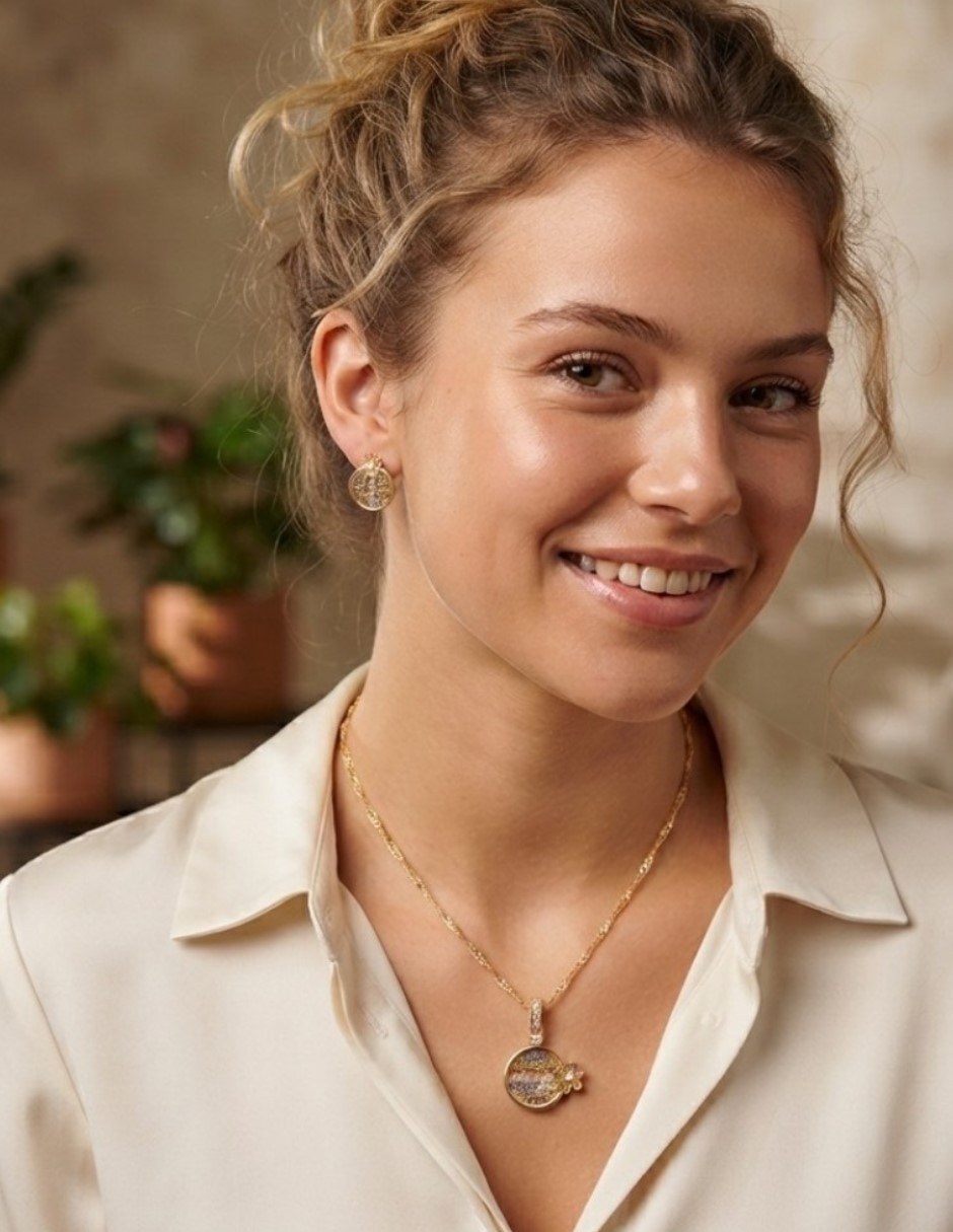 Aretes y collar de oro laminado 14 K zirconia cúbica 2