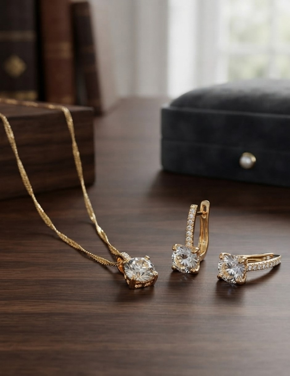Aretes y collar de oro laminado 14 K zirconia cúbica 4