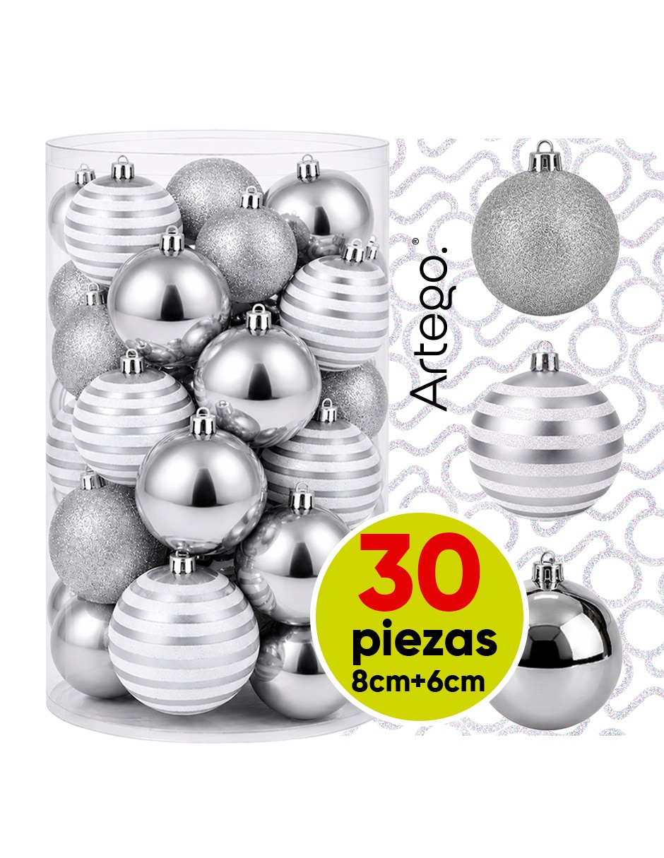 Set de esfera navideña lille plata línea glitter con 30 piezas Set de esfera navideña lille plata línea glitter con 30 piezas