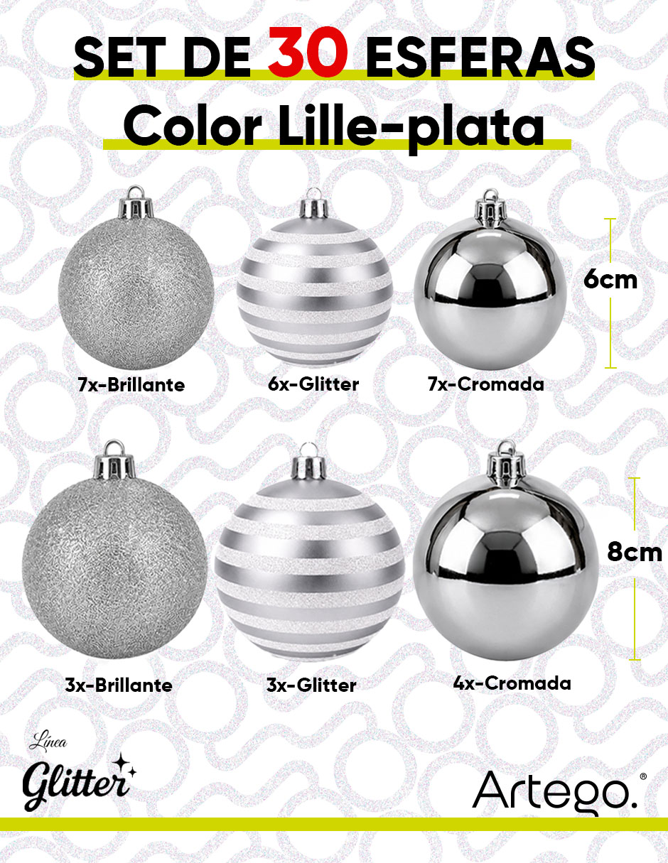 Set de esfera navideña lille plata línea glitter con 30 piezas 6