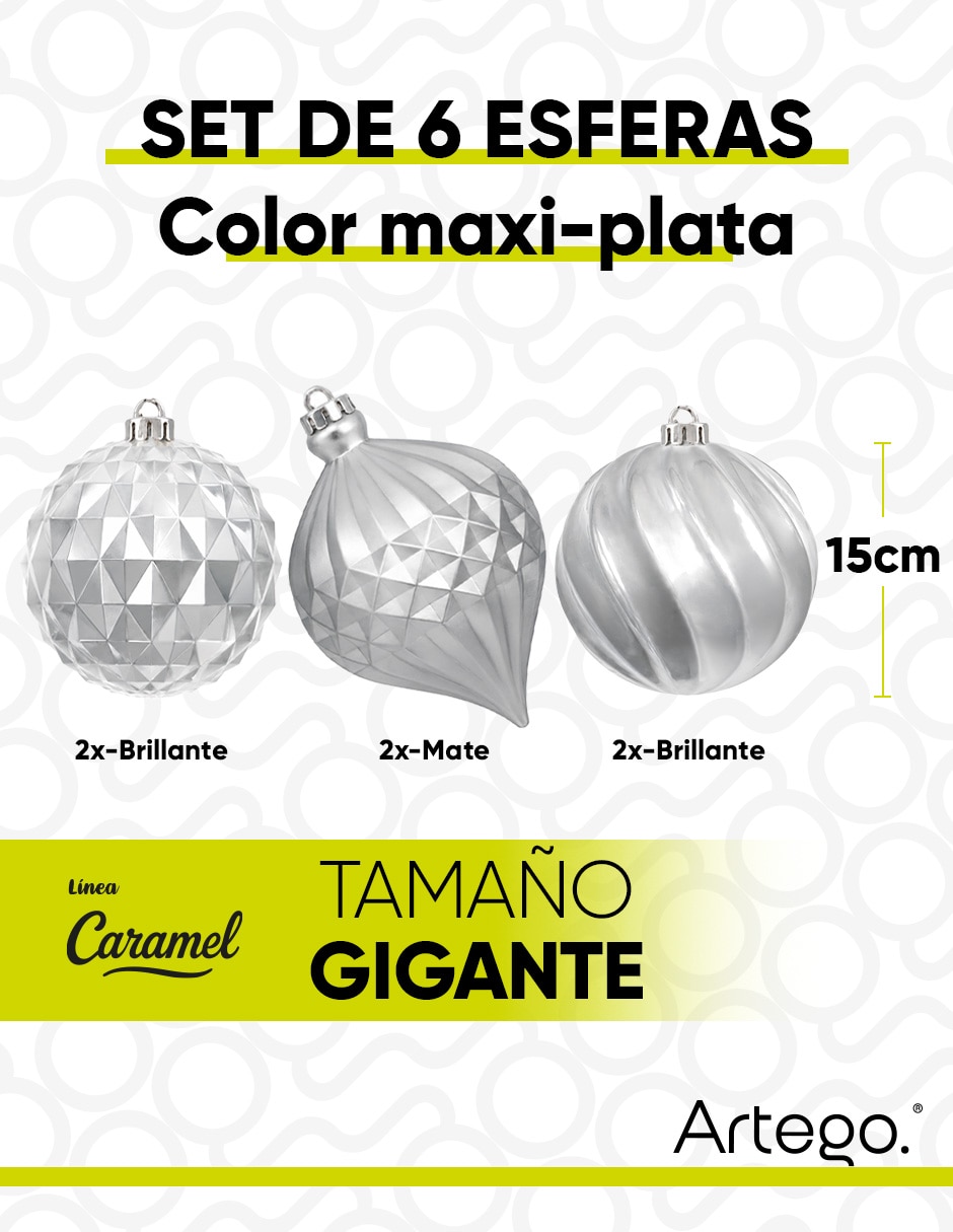 Set de esfera navideña maxi plata línea caramel con 6 piezas 6