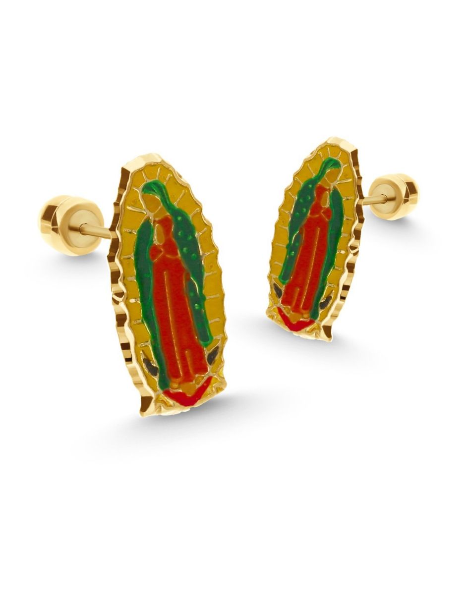 Broqueles virgen de guadalupe de oro 14 k con acabado esmaltado