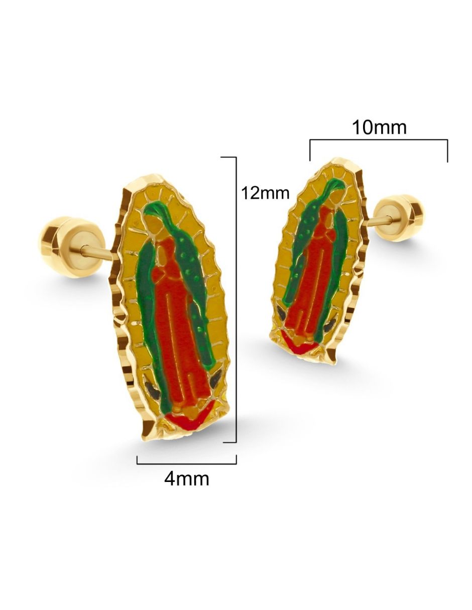 Broqueles virgen de guadalupe de oro 14 k con acabado esmaltado