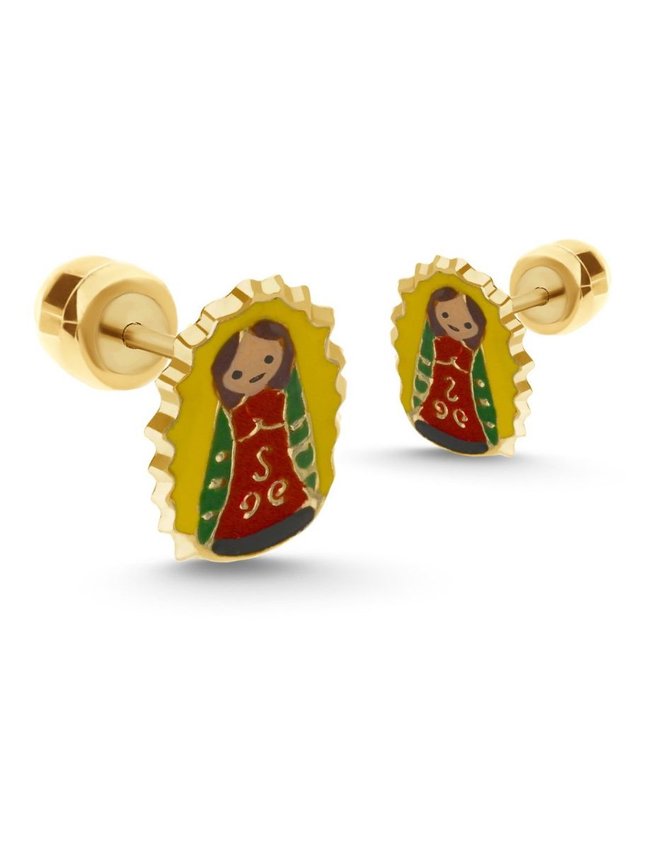 Broqueles virgen de guadalupe de oro 14 k con acabado esmaltado