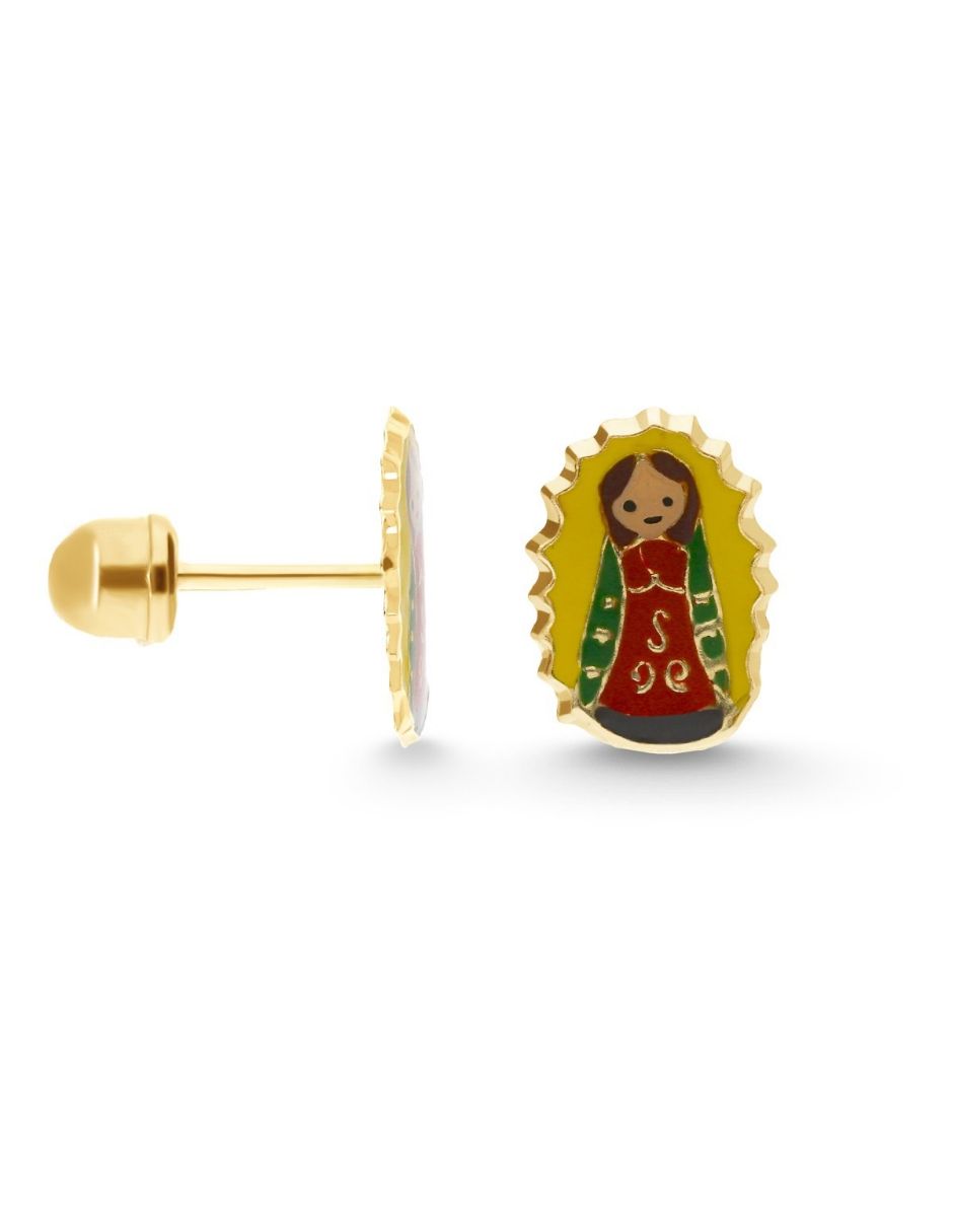 Broqueles virgen de guadalupe de oro 14 k con acabado esmaltado