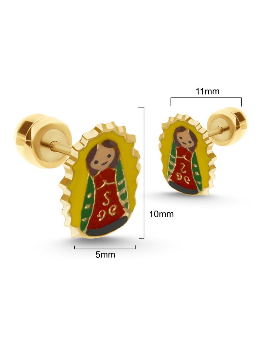 Broqueles virgen de guadalupe de oro 14 k con acabado esmaltado