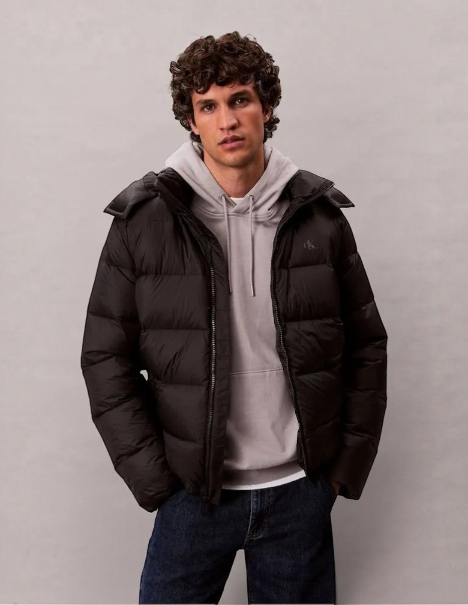 Chamarra acolchada puffer impermeable con capucha y bolsa para hombre