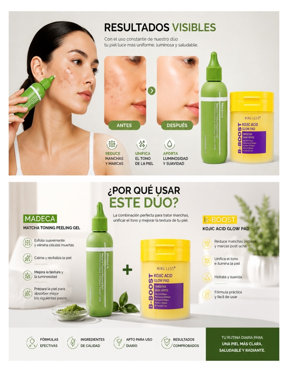 Tratamiento facial Madeca Matcha Toning Peeling Gel + Boost Kojic Acid Glow Antimanchas 6