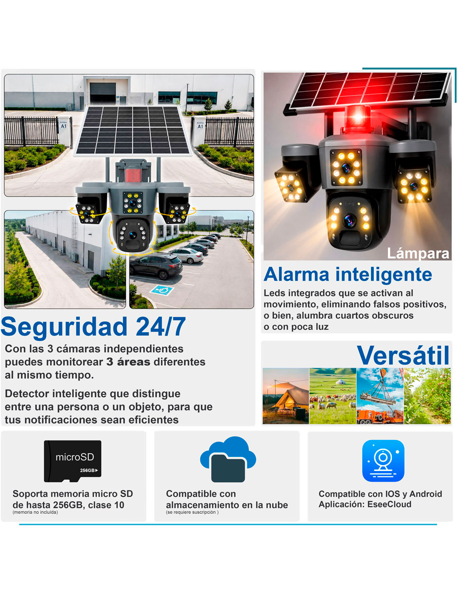 Cámara solar de seguridad modelo VS-3L7 Inalámbrica 4K/UHD 107° a 82° con capacidad de grabar visión nocturna para exterior 5