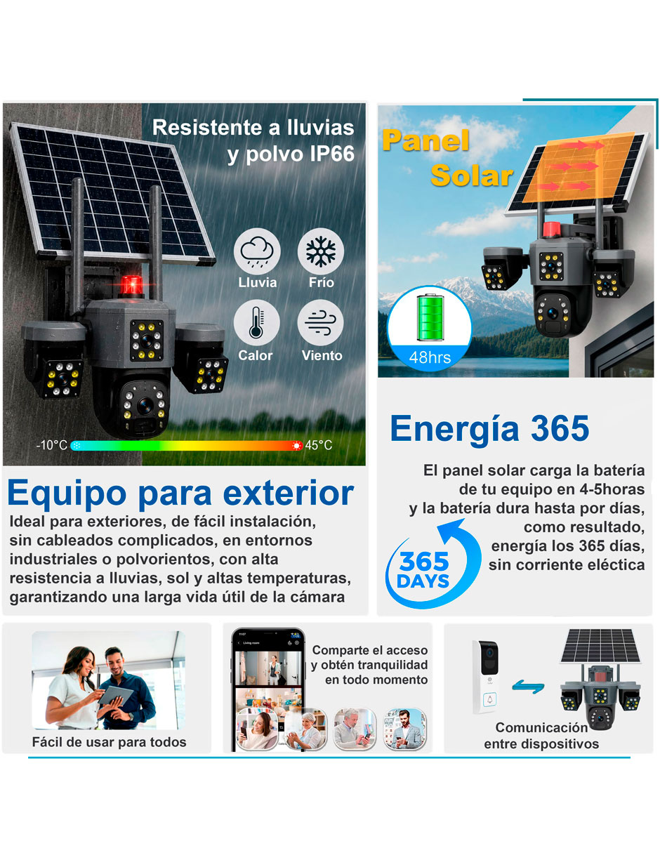 Cámara solar de seguridad modelo VS-3L7 Inalámbrica 4K/UHD 107° a 82° con capacidad de grabar visión nocturna para exterior 4