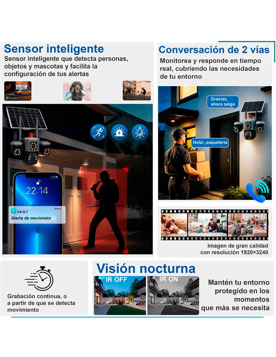 Cámara solar de seguridad modelo VS-3L7 Inalámbrica 4K/UHD 107° a 82° con capacidad de grabar visión nocturna para exterior 3