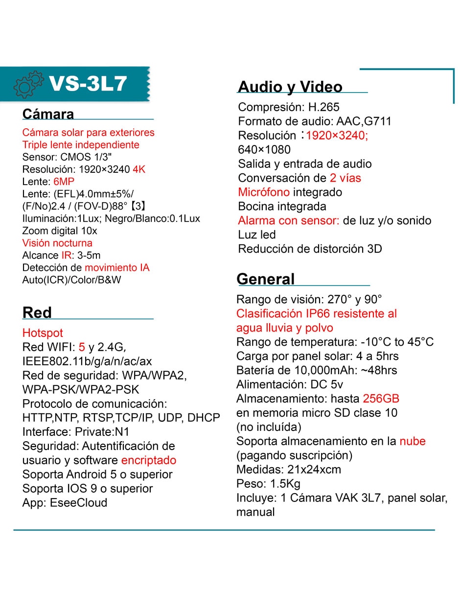Cámara solar de seguridad modelo VS-3L7 Inalámbrica 4K/UHD 107° a 82° con capacidad de grabar visión nocturna para exterior 2