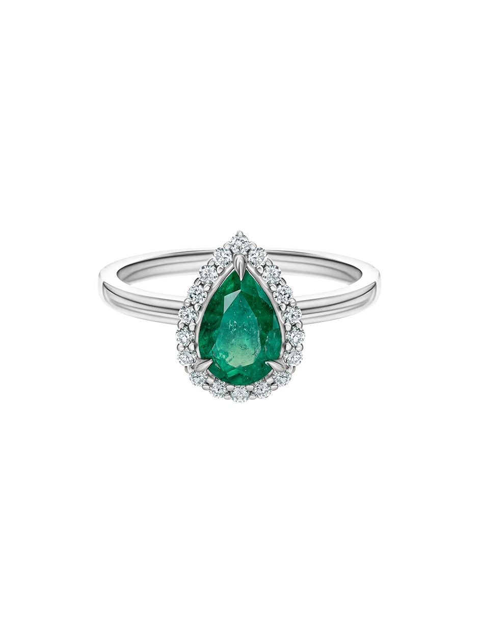 Anillo 14 k de oro blanco esmeralda y diamante brillante