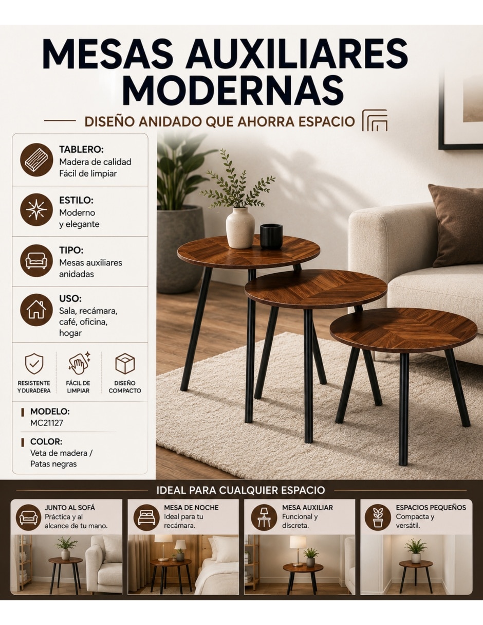 Juego de mesas para áreas múltiples de mdf 3 piezas 3