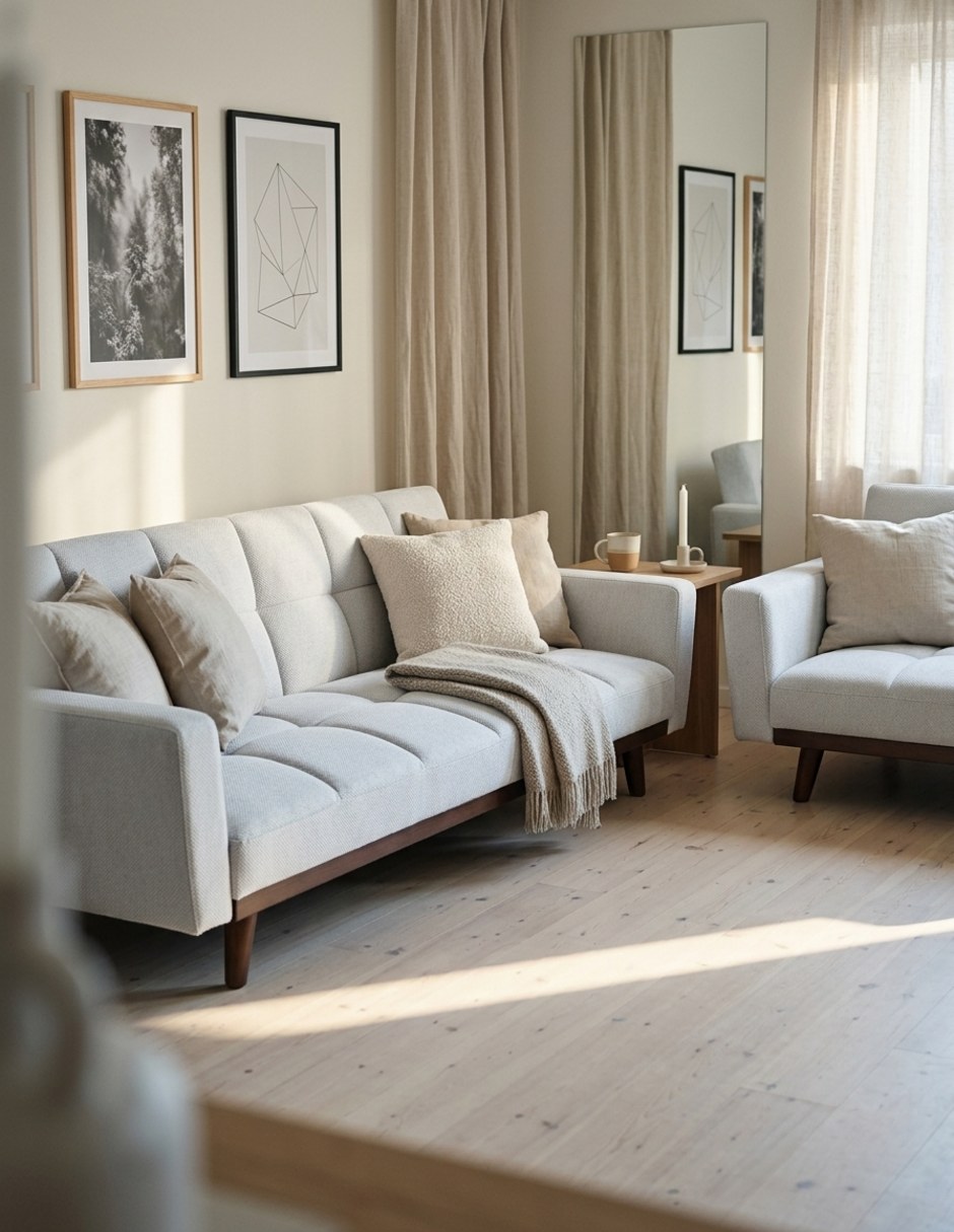 Sofá cama armable de madera y tela 4