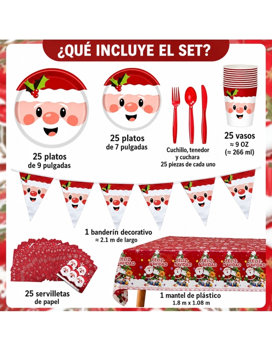 Vajilla para fiesta Navidad de cartón y plástico para 25 personas 4