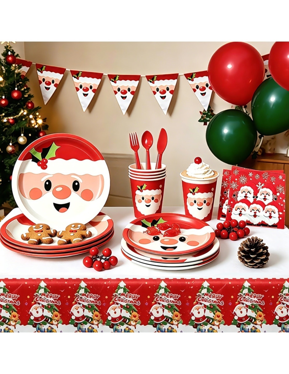 Vajilla para fiesta Navidad de cartón y plástico para 25 personas 3