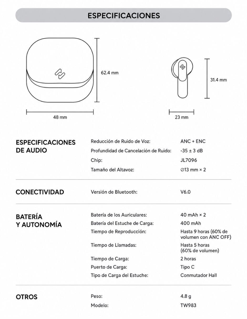 Audífonos in-ear inalámbricos TW983 con cancelación de ruido 7