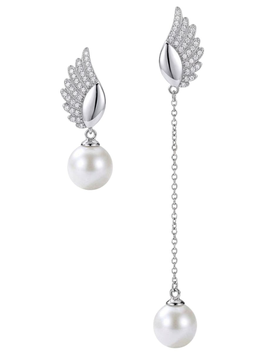 Aretes largos de plata P 925 con acabado baño de rodio perla de agua