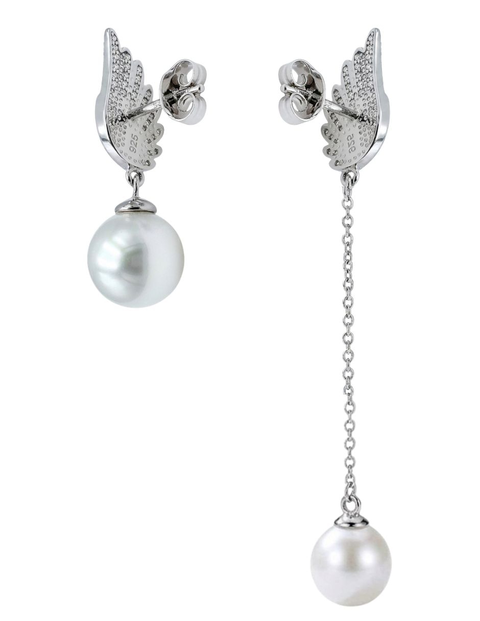 Aretes largos de plata P 925 con acabado baño de rodio perla de agua