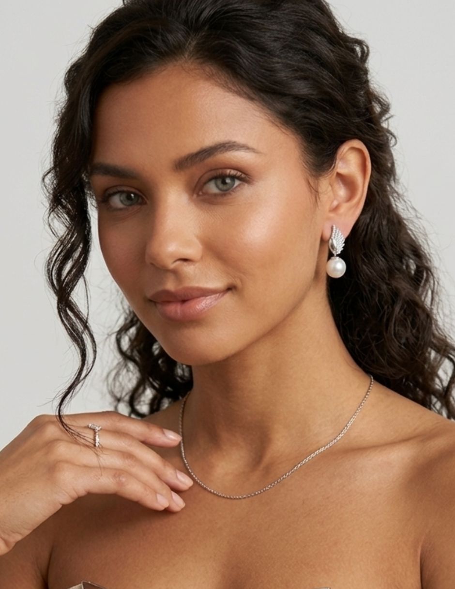 Aretes largos de plata P 925 con acabado baño de rodio perla de agua 9