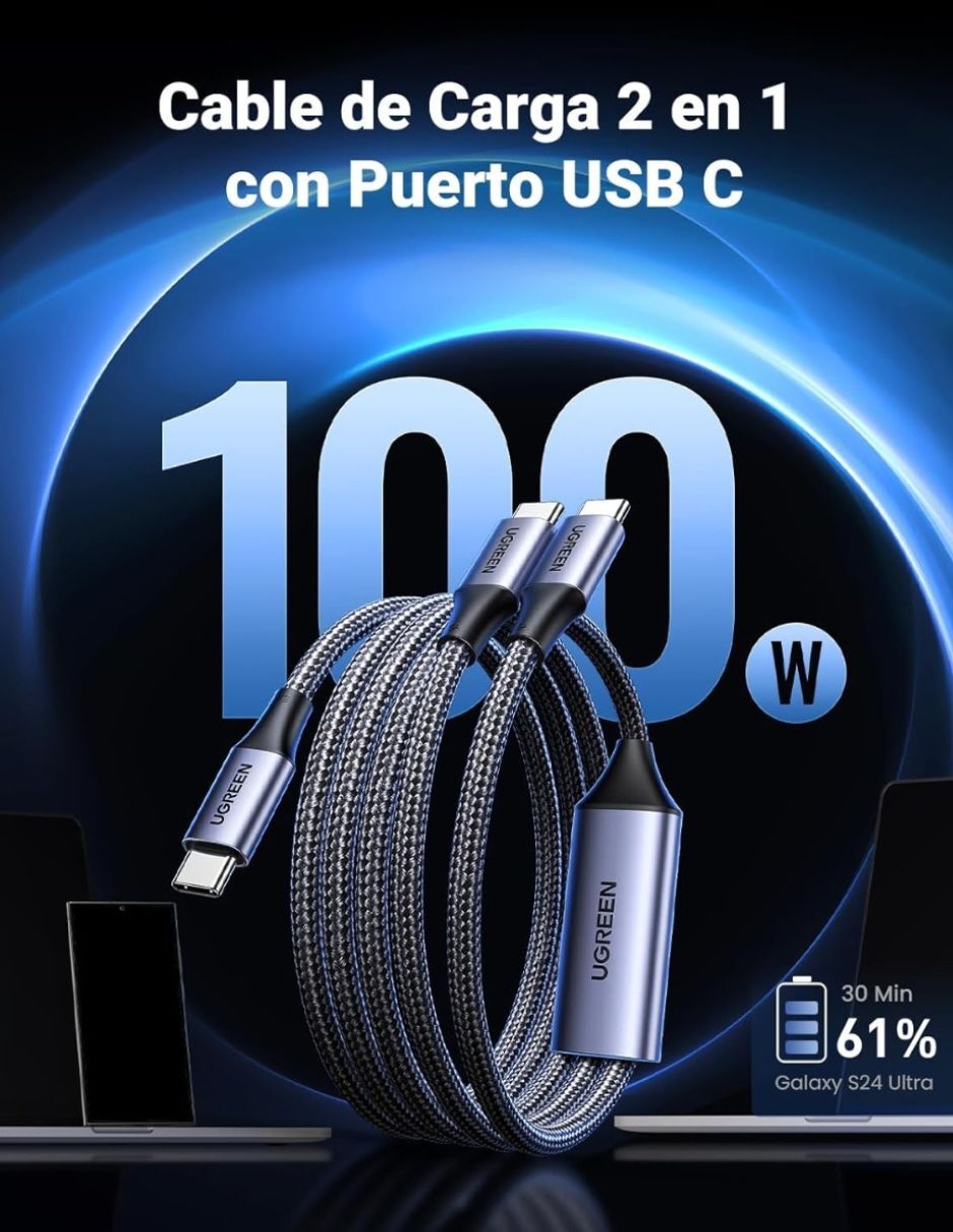 Cargador pared 3 Puertos USB C 1 USB A cable USB C a C + USB + USB tipo C 100 W 5