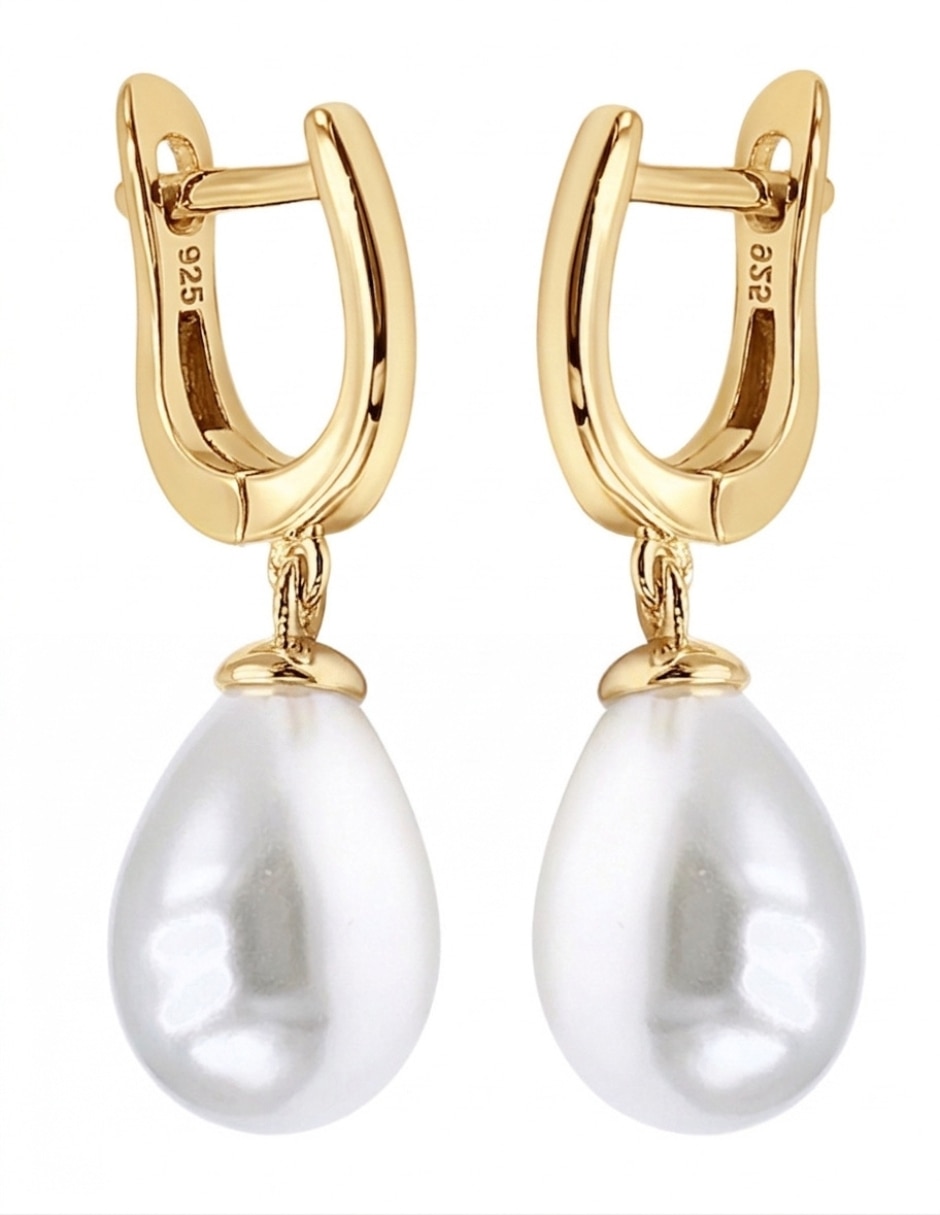 Aretes largos de gota de plata P 925 con acabado baño de oro perla de agua