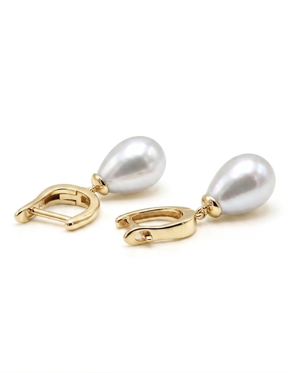 Aretes largos de gota de plata P 925 con acabado baño de oro perla de agua