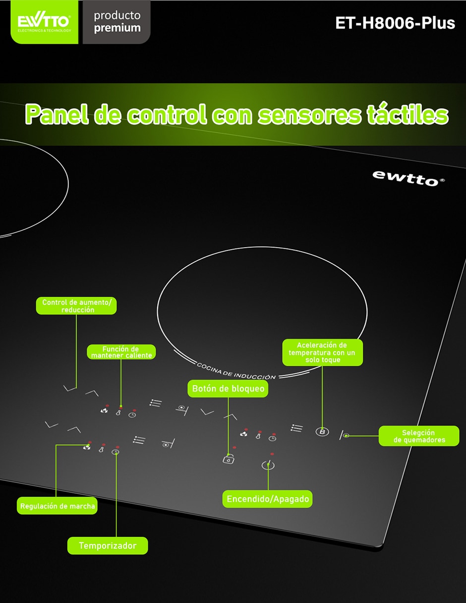 Parrilla de inducción ET-H8006-PLUS de acero y vidrio 7