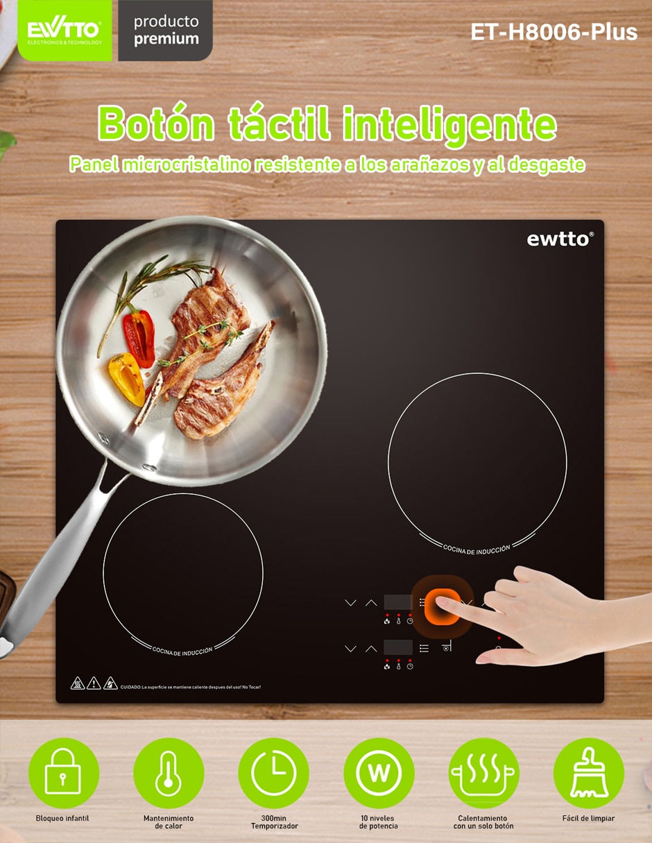 Parrilla de inducción ET-H8006-PLUS de acero y vidrio 5