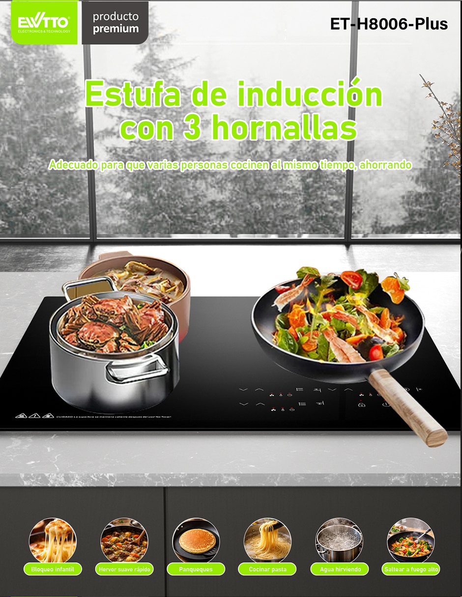 Parrilla de inducción ET-H8006-PLUS de acero y vidrio