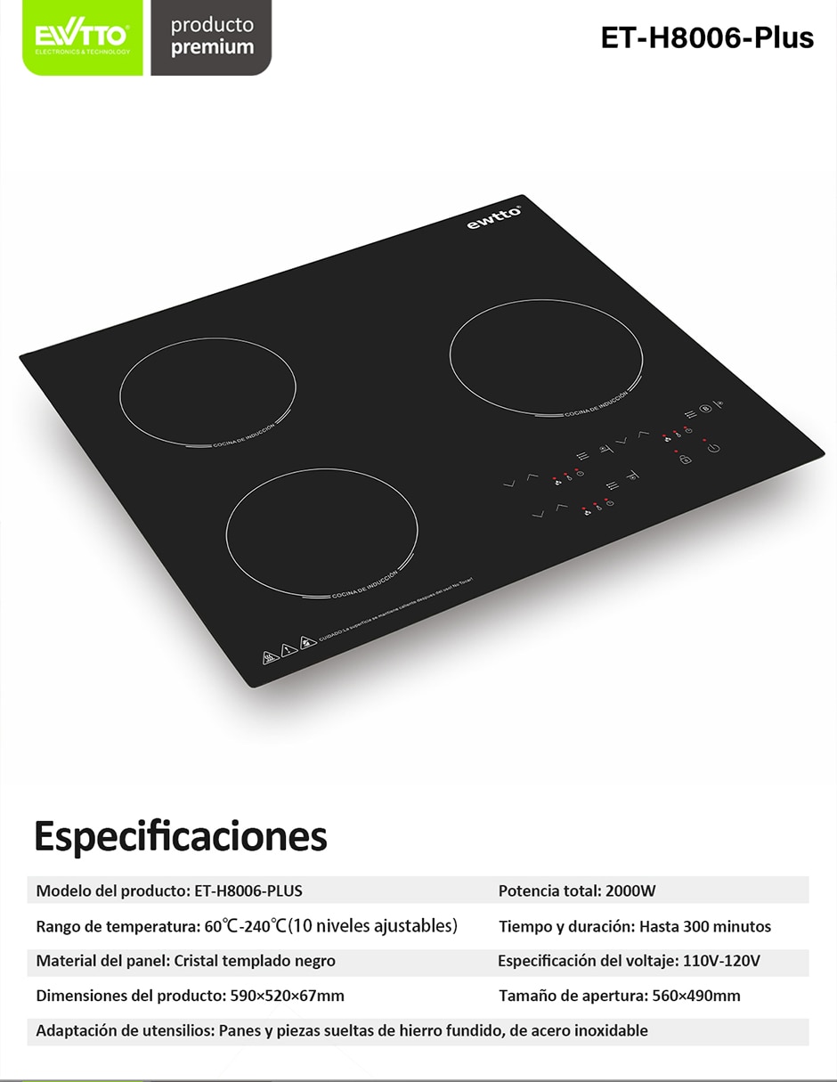 Parrilla de inducción ET-H8006-PLUS de acero y vidrio