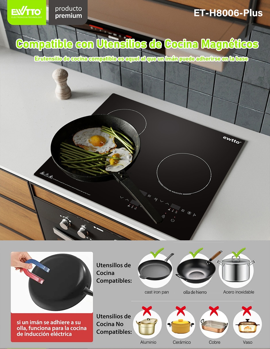 Parrilla de inducción ET-H8006-PLUS de acero y vidrio 8