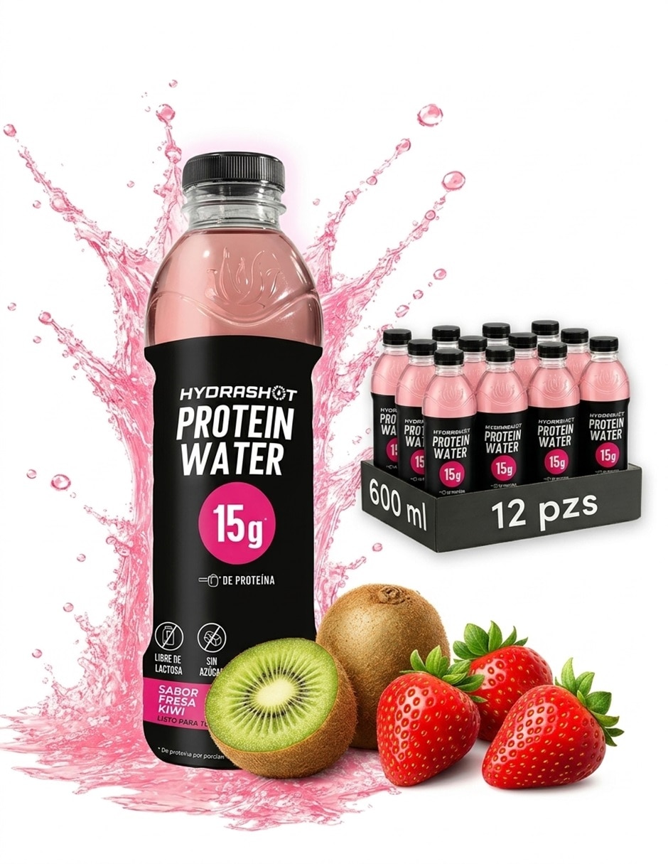 Protein Water Hydrashot con vitaminas y minerales saborizantes y edulcorantes sabor fresa y kiwi de 600 ml