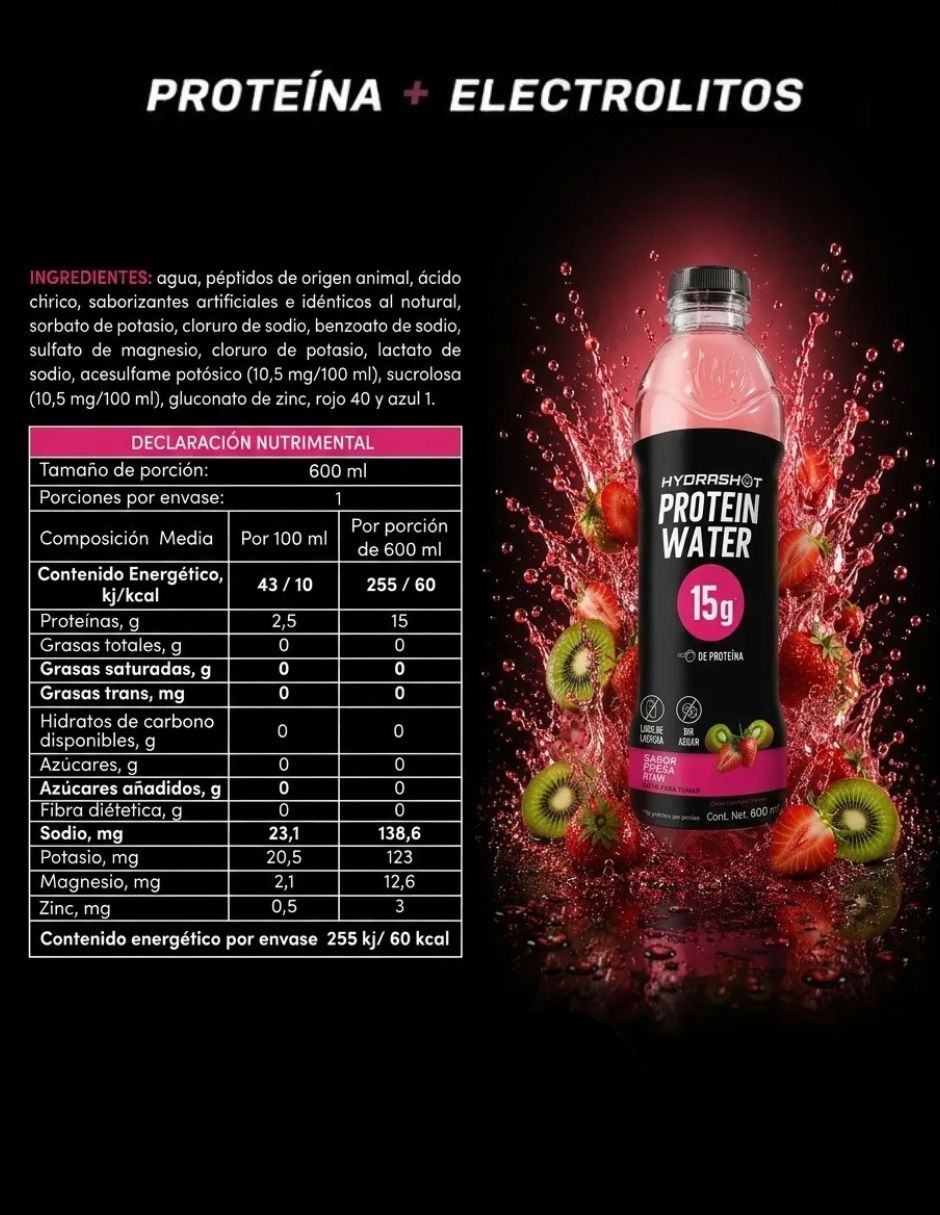 Protein Water Hydrashot con vitaminas y minerales saborizantes y edulcorantes sabor fresa y kiwi de 600 ml