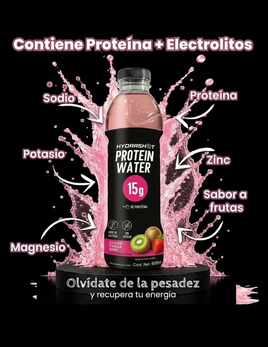 Protein Water Hydrashot con vitaminas y minerales saborizantes y edulcorantes sabor fresa y kiwi de 600 ml