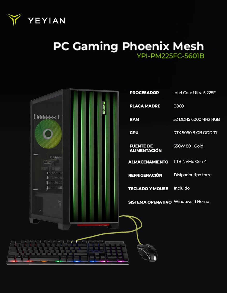 Computadora gamer PHOENIX YPI-PM225FC-5601B Intel Core Ultra 5 225F NVIDIA GeForce RTX 5060 32 GB RAM 1 TB SSD 9