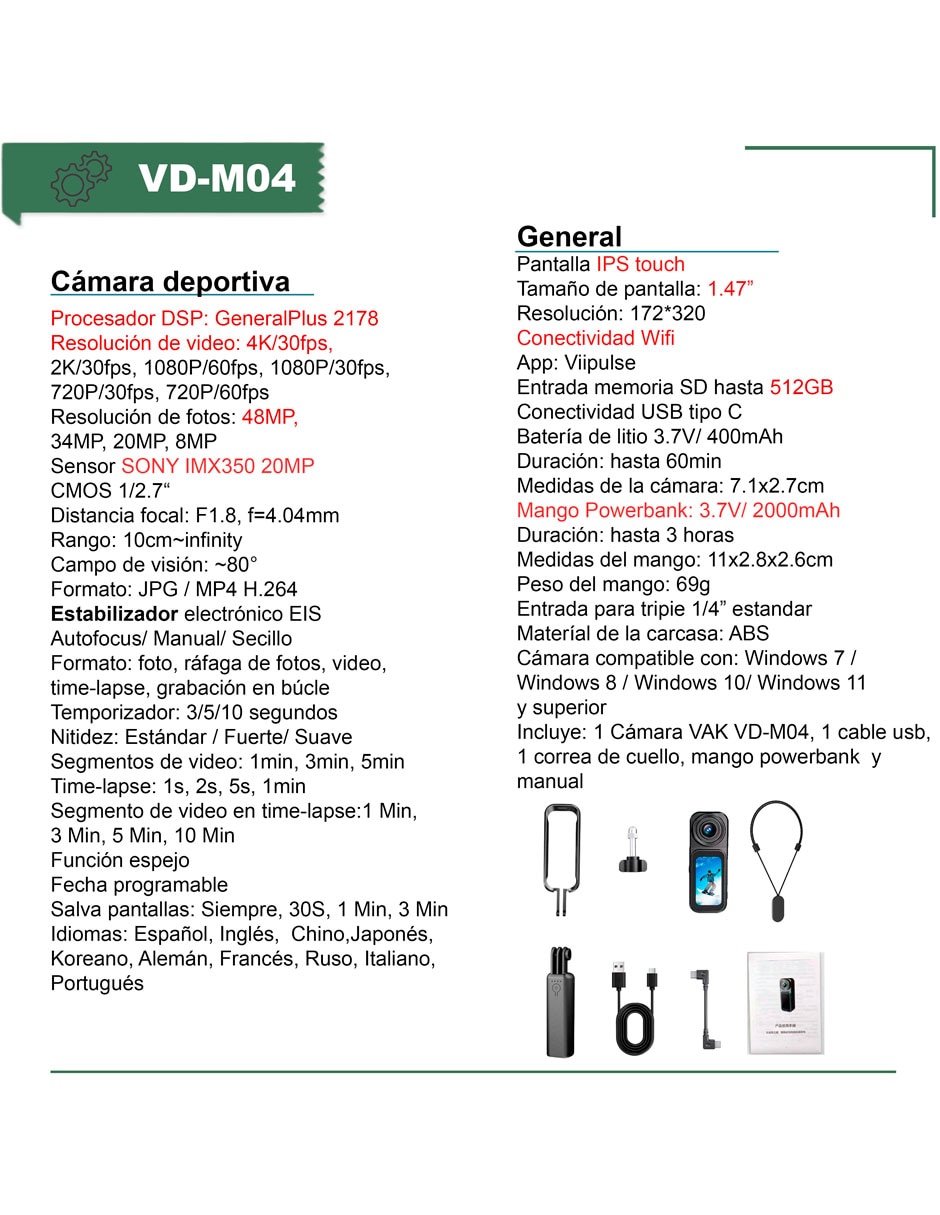 Cámara deportiva vd-m04-n 4k/uhd 3